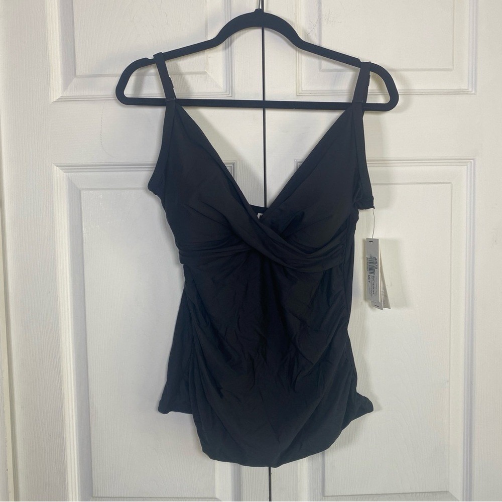 Dkny Twist-Front Tummy Control Shirred Tankini Bikini Top Black Small